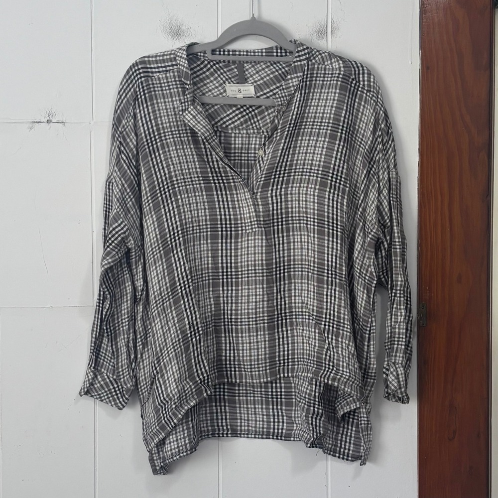 Lou & Grey Grey Plaid High Low Split Neck Viscose Tunic Blouse XS